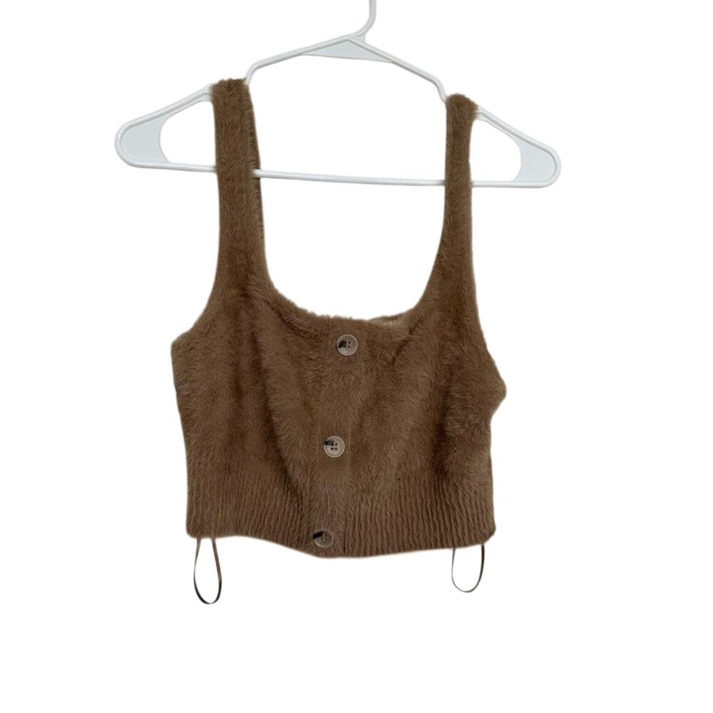 Good American Fuzzy Henley Crop Tank Top Size 3 L Camel